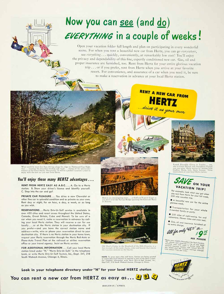 1951 Ad Hertz Rent Car Newfound Gap Highway Navajo Bridge Travel Road
