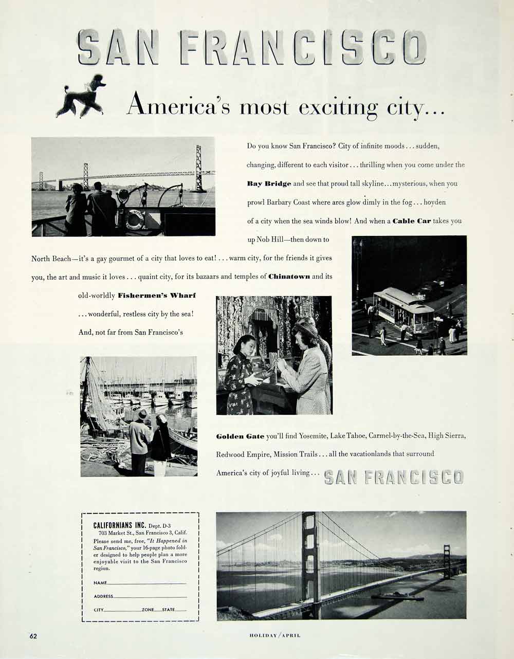 1951 Ad San Francisco California America Bay Bridge Cable Car Chinatown HDL2