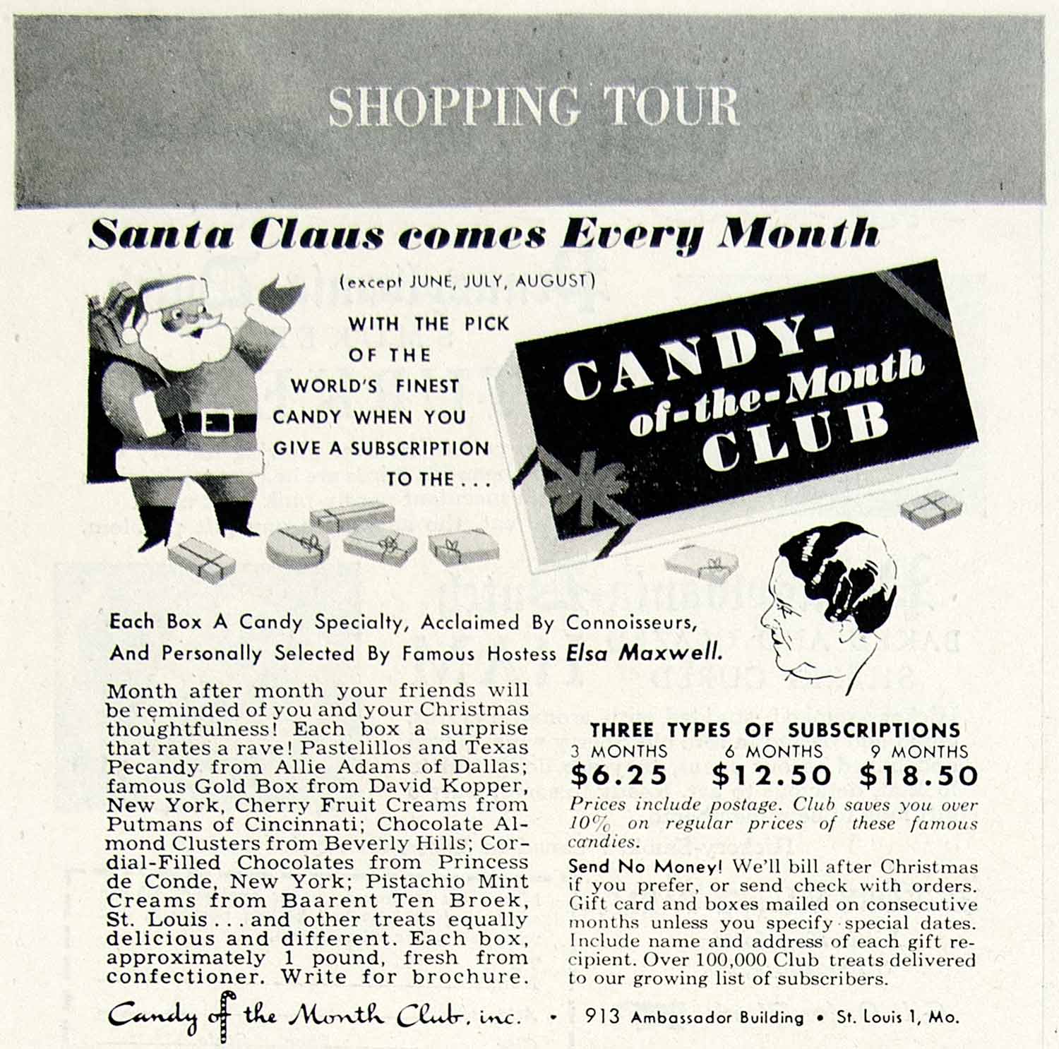 1948 Ad Candy Of The Month Club Santa Clause St Louis Elsa Maxwell HDL2