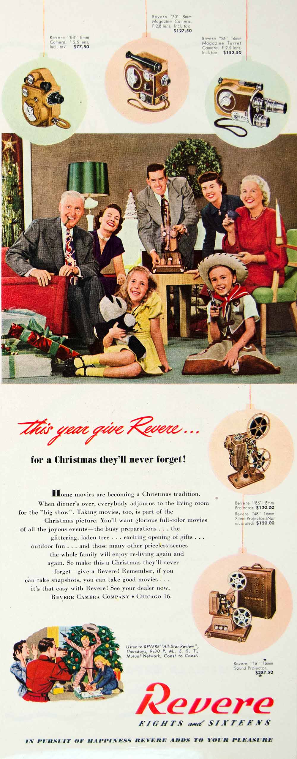 1948 Ad Revere Cameras Film Christmas Eights Sixteens Holiday Chicago Reels HDL2