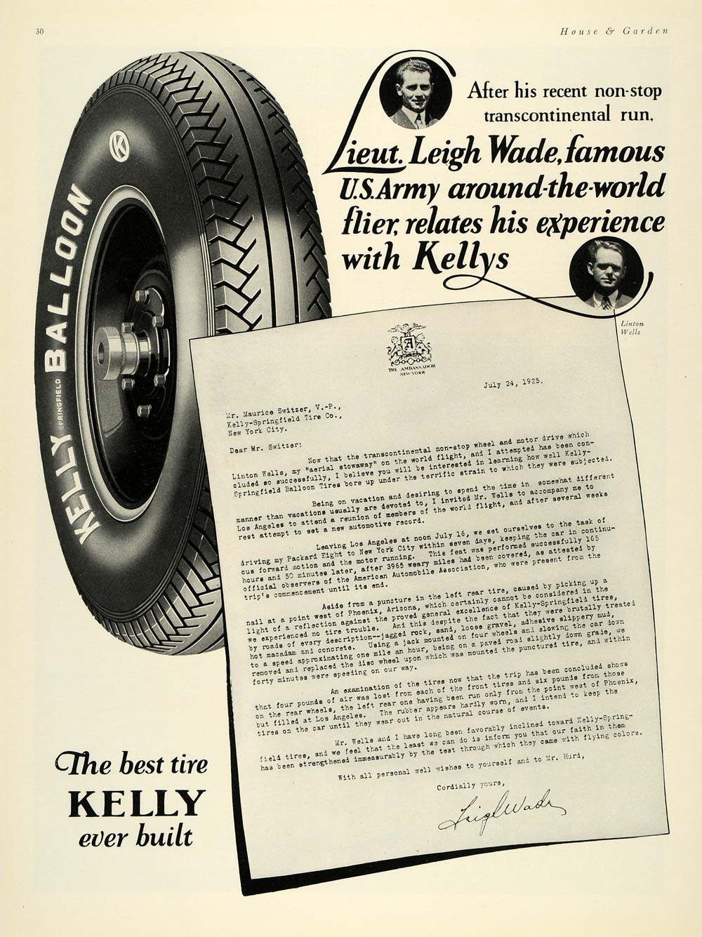 1925 Ad Kelly Balloon Leigh Wade Army Tire Springfield - ORIGINAL HG1