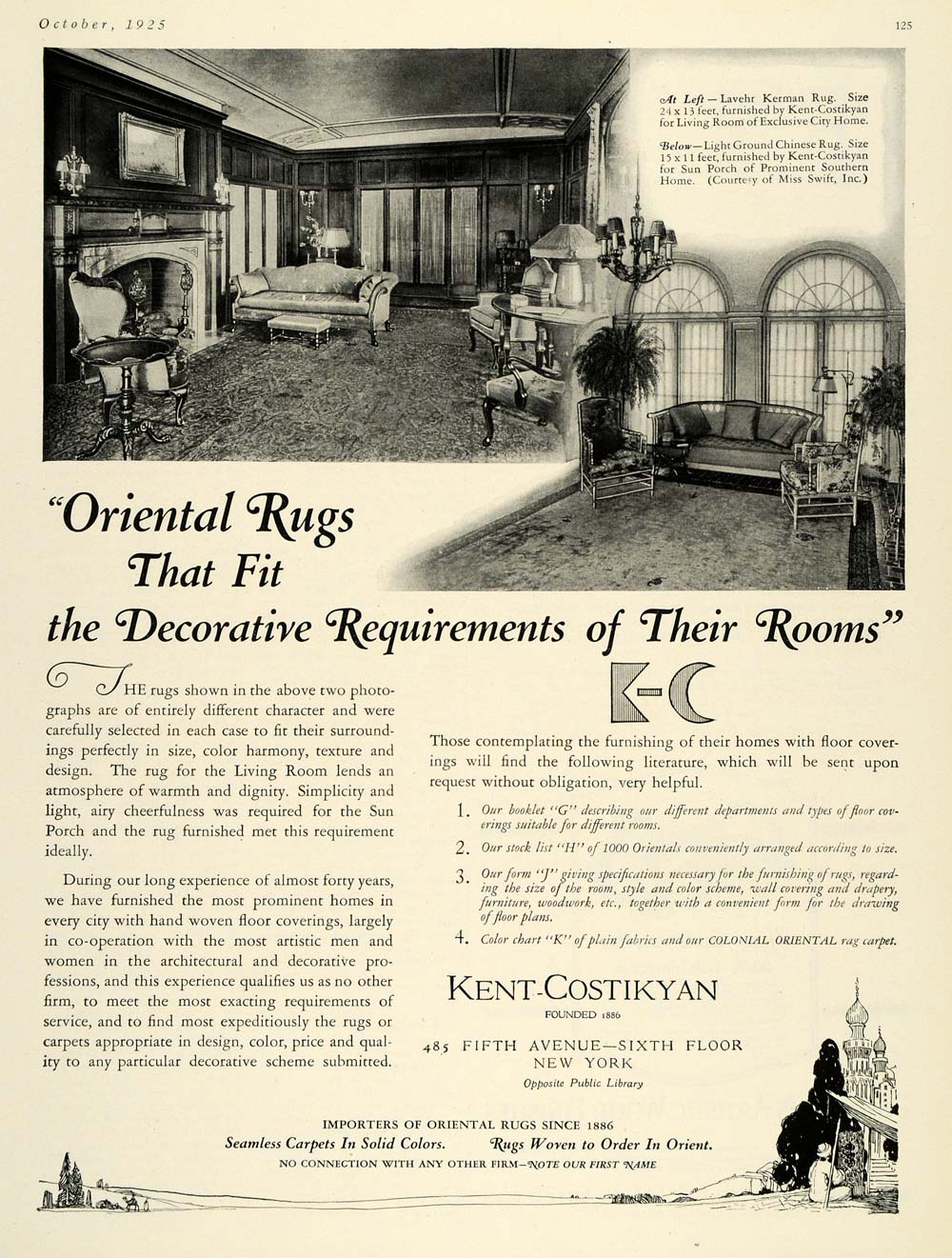 1925 Ad Oriental Rugs Kent-Costikyan Furniture Decor - ORIGINAL ADVERTISING HG1