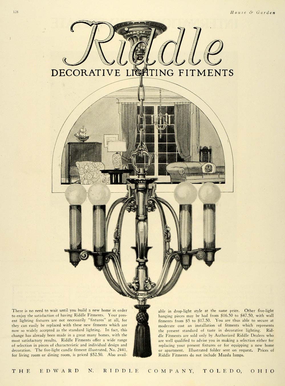 Edward Riddle 1925 Ad Edward Riddle Home Lighting Fixtures Chandelier - ORIGINAL HG1 ...