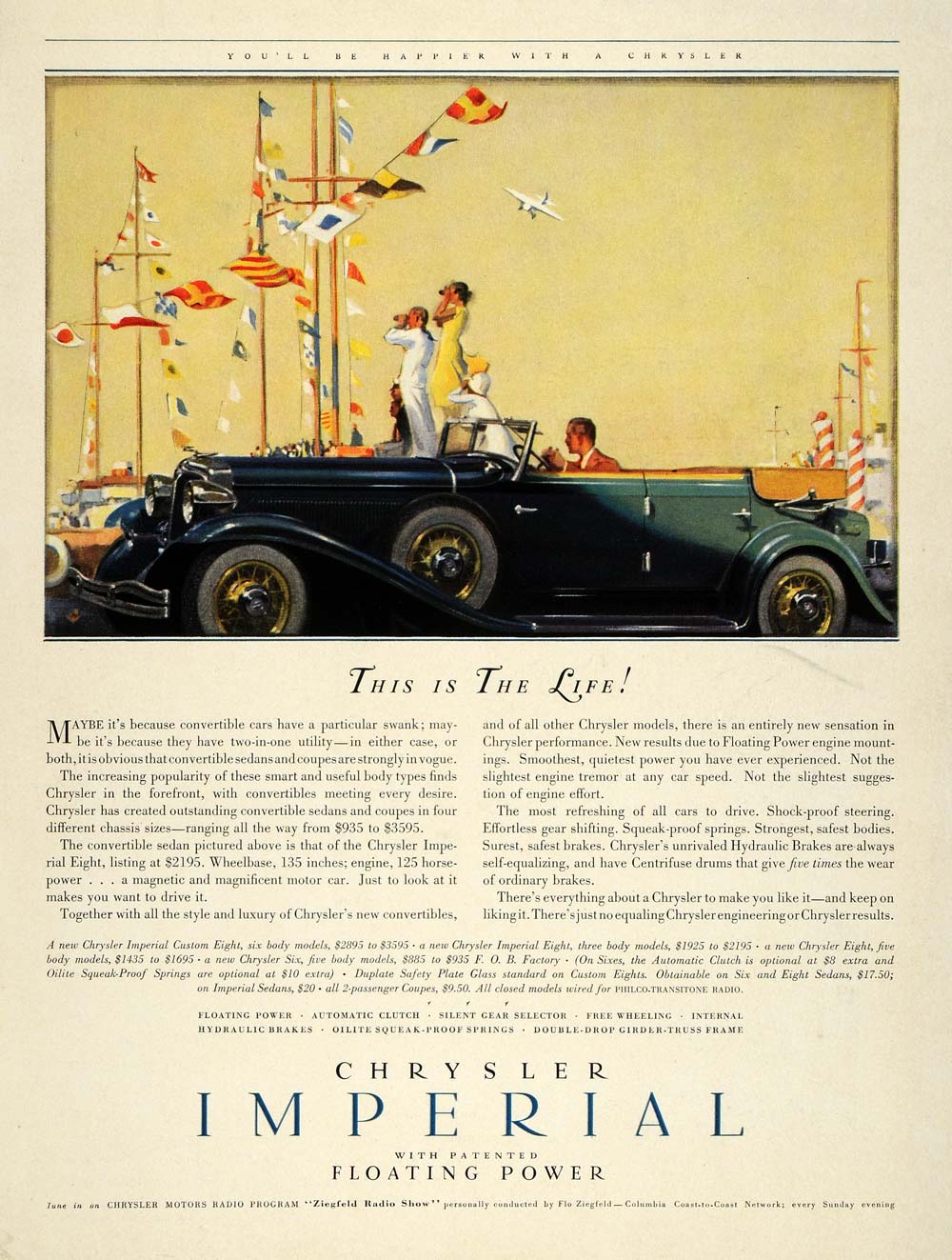 1932 Ad Chrysler Imperial Convertible Car Airplane Flag - ORIGINAL HG1