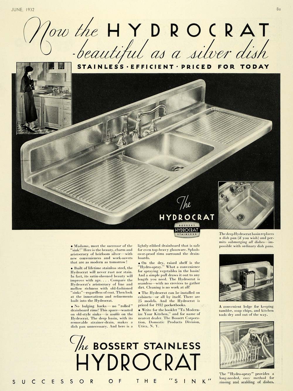 1932 Ad Bossert Stainless Steel Hydrocrat Kitchen Sink - ORIGINAL HG1