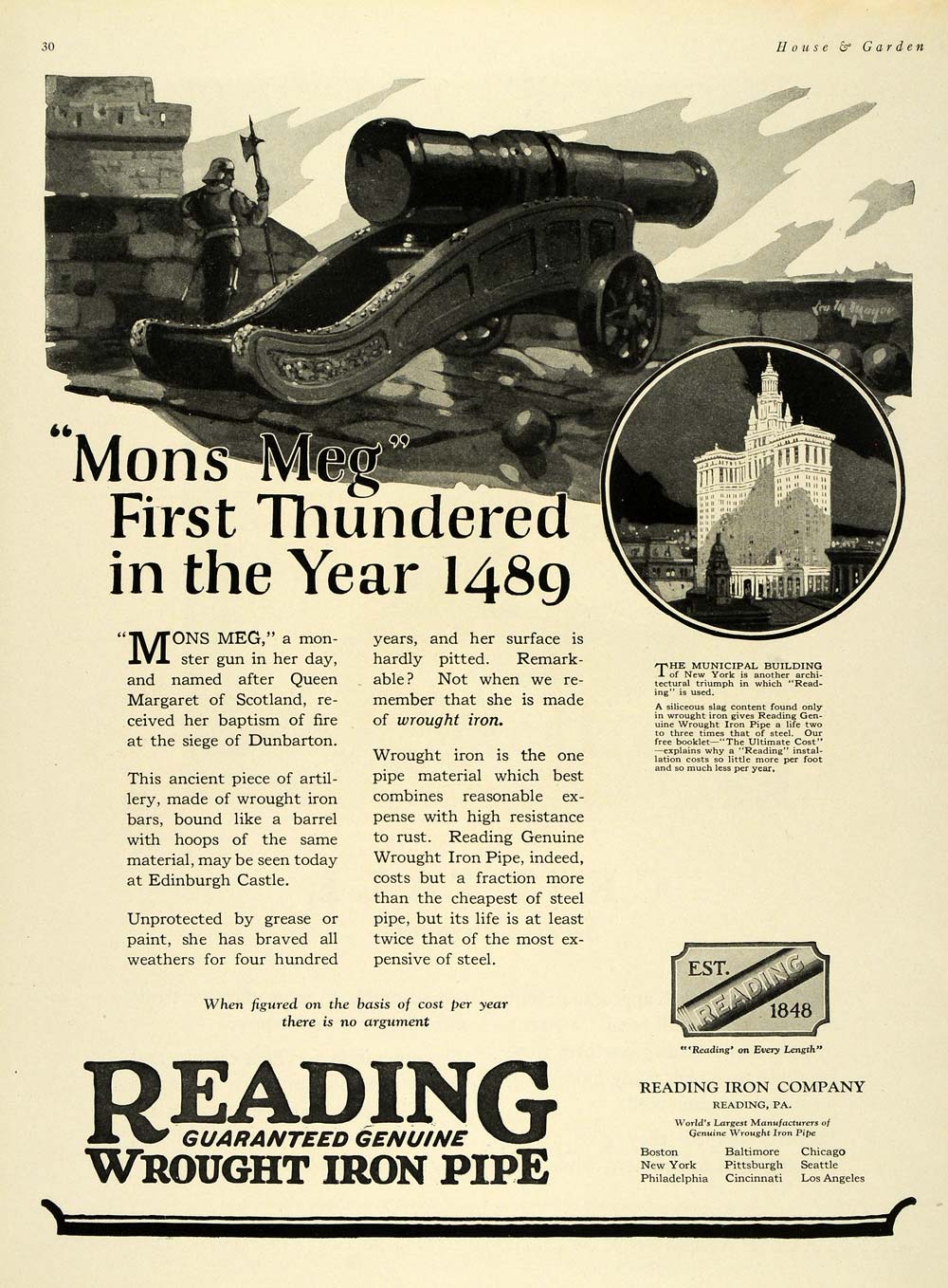 1924 Ad Reading Wrought Iron Pipes Edinburgh Cannon - ORIGINAL ADVERTISING HG1
