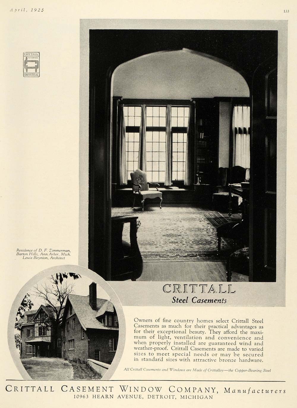 1925 Ad Crittall Steel Windows D. F. Zimmerman Home - ORIGINAL ADVERTI ...