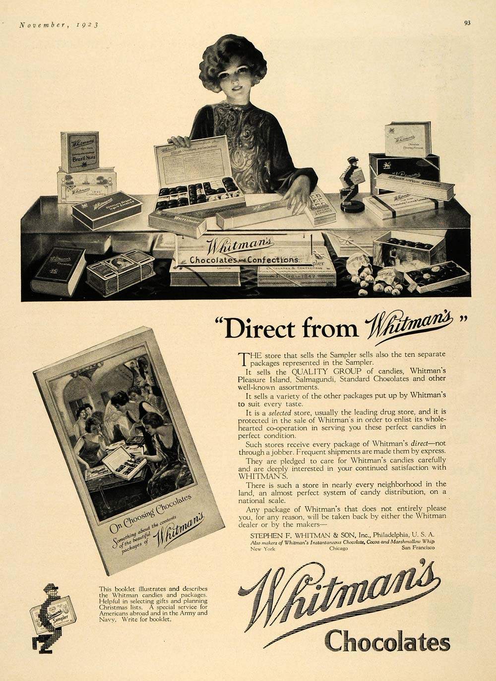 1923 Ad Stephen Whitman's Chocolates Candy Dessert - ORIGINAL ADVERTISING HG1
