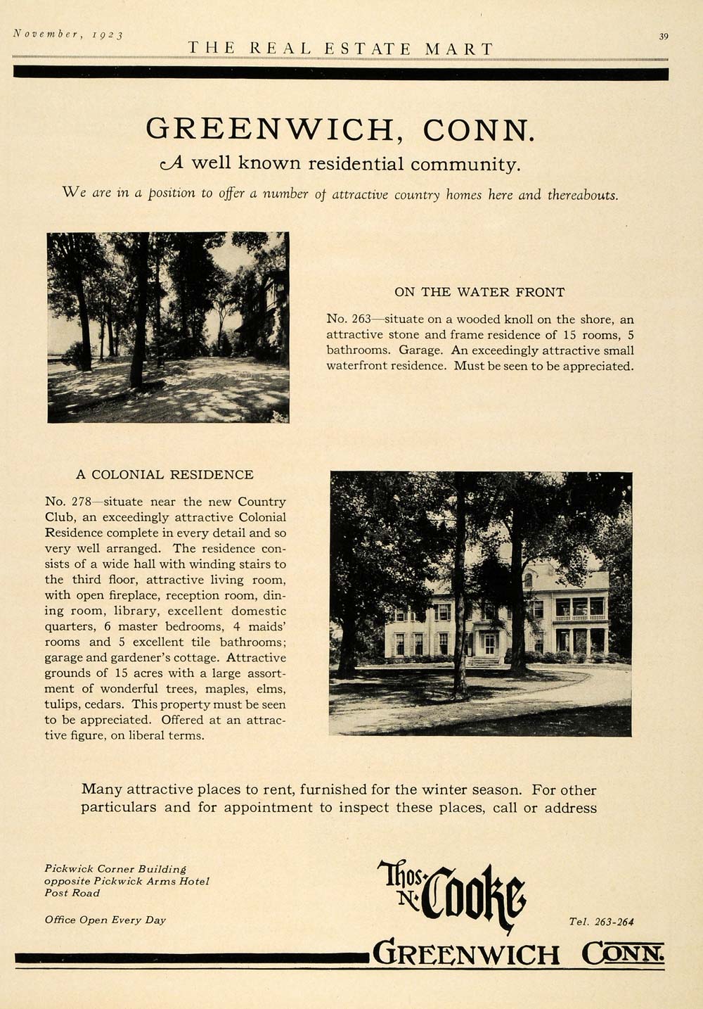1923 Ad Greenwich Thomas Cooke Community Colonial Home - ORIGINAL HG1