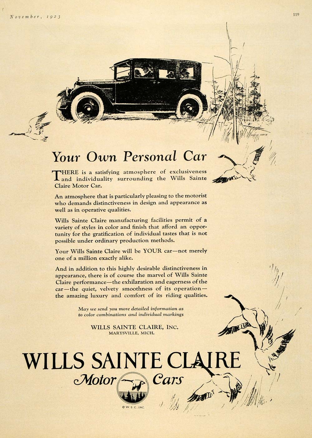 1923 Ad Wills Sainte Claire Motor Car Canada Goose - ORIGINAL ADVERTISING HG1