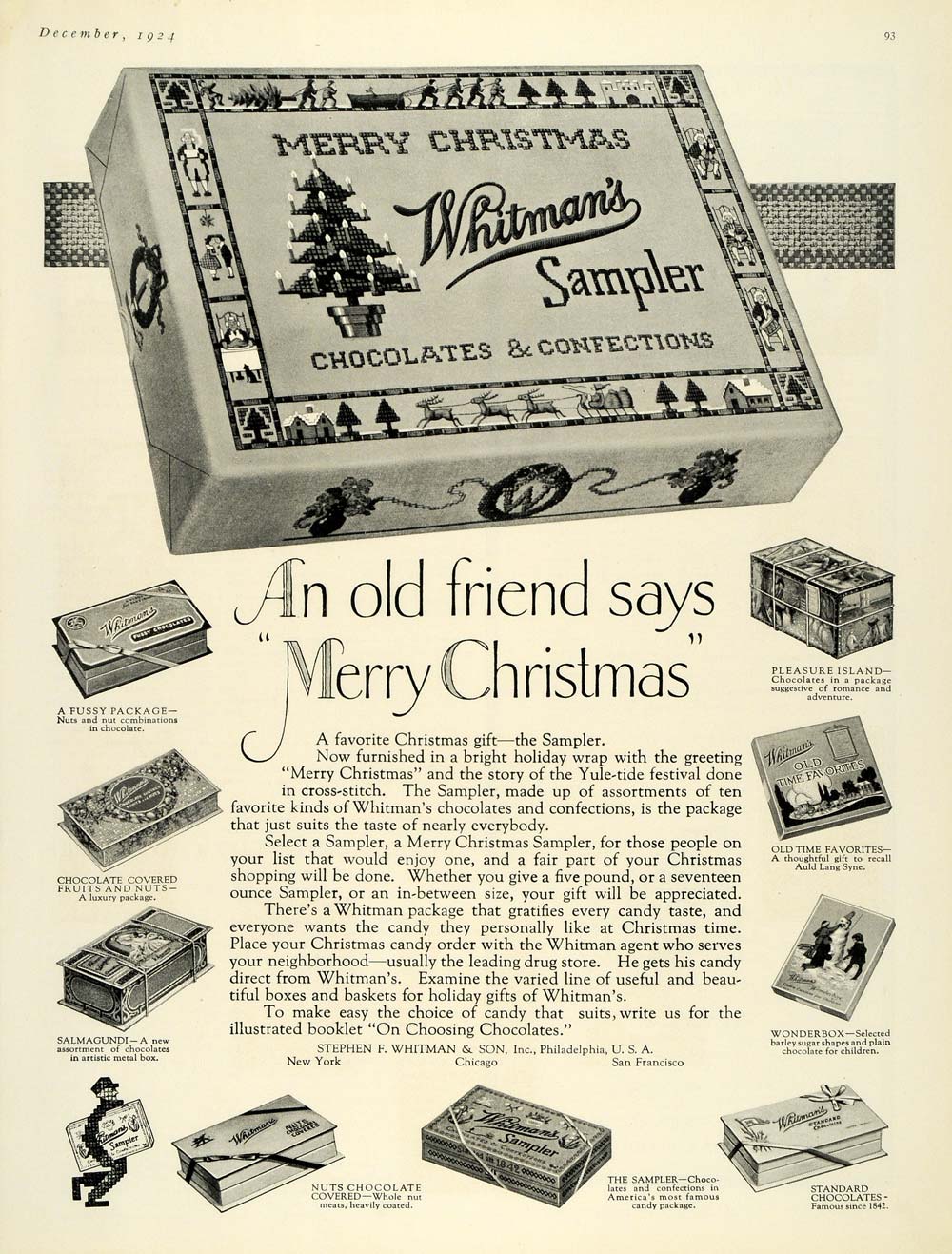 1924 Ad Merry Christmas Whitman's Sampler Chocolate - ORIGINAL ADVERTISING HG1