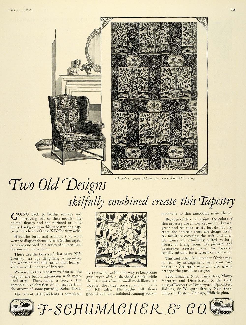 1924 Ad F. Schumacher Design Tapestry Home Decor Chair - ORIGINAL HG1