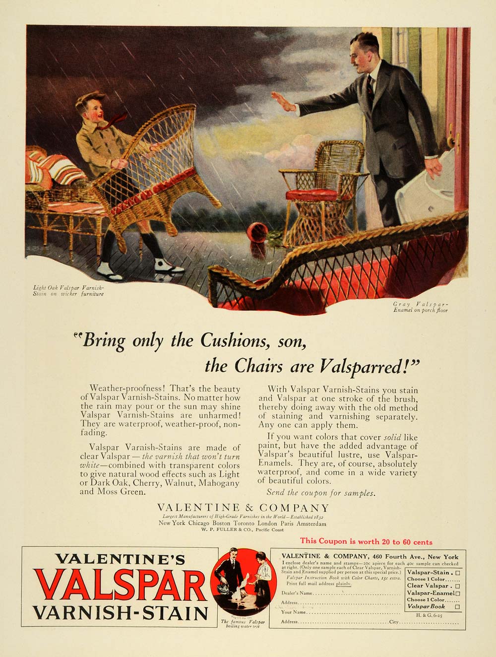 1925 Ad Valentine Varnish Stain Rain Storm Furniture - ORIGINAL ADVERTISING HG1