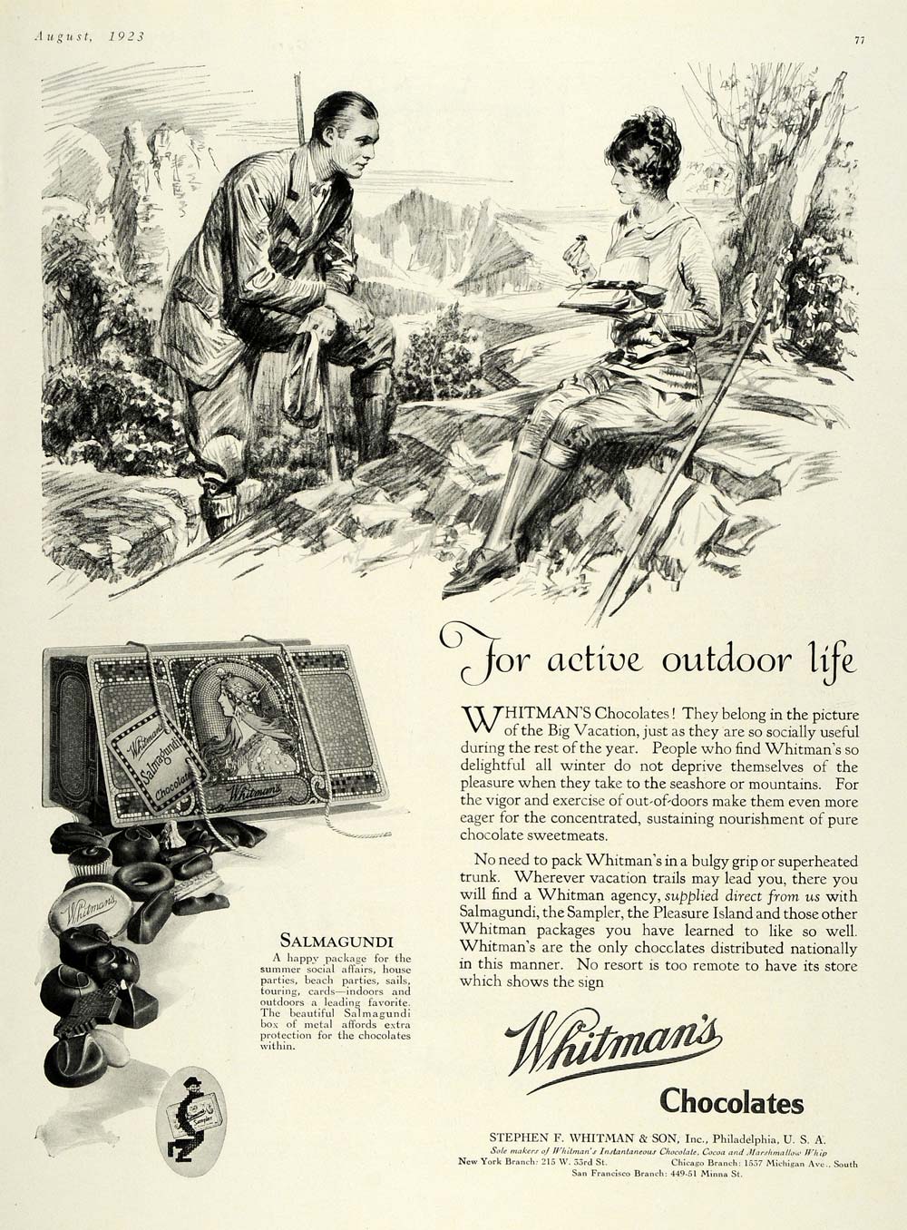 1923 Ad Whitman's Chocolates Salmagundi Package Picnic - ORIGINAL HG1