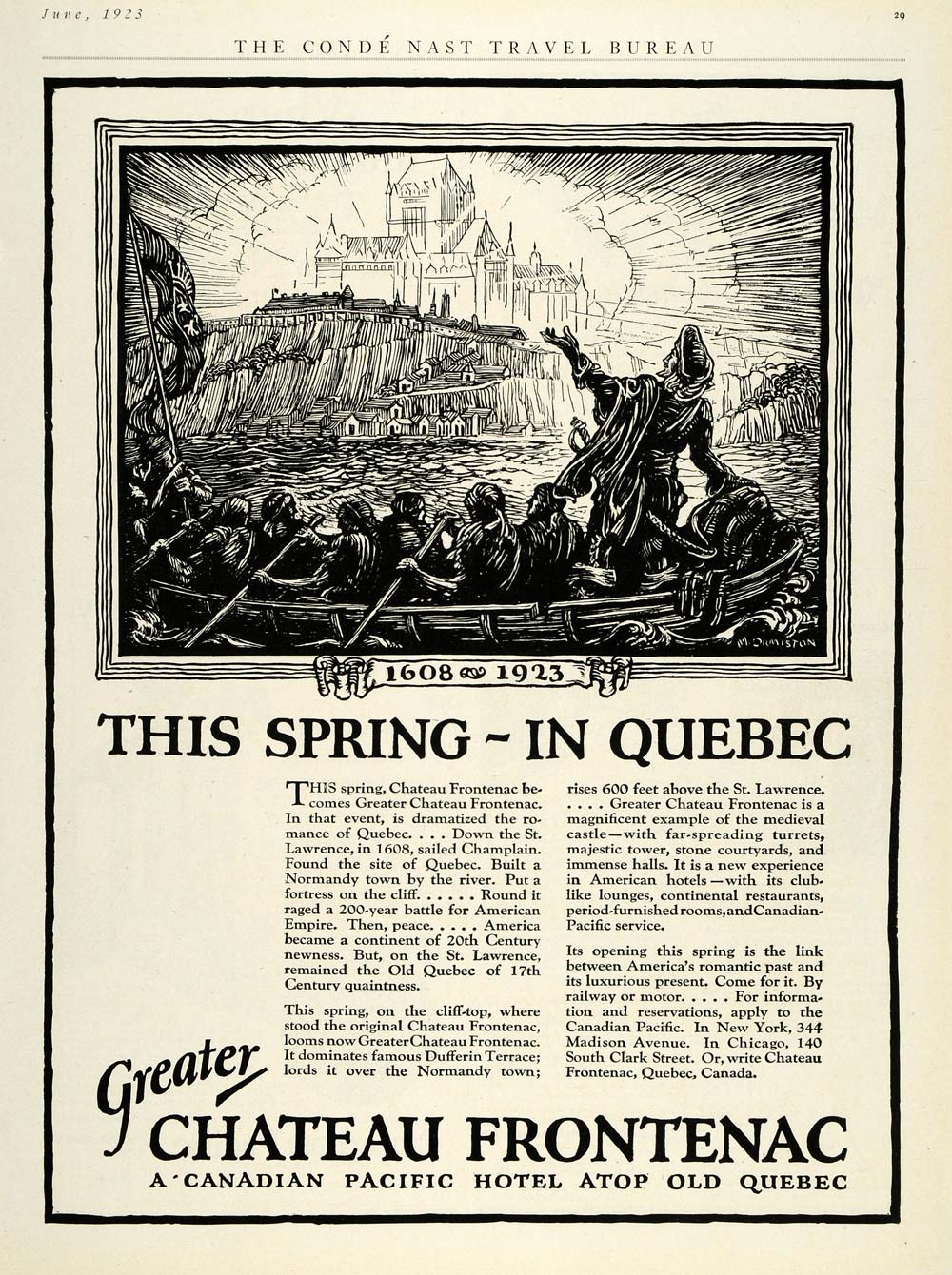 1923 Ad Chateau Frontenac Quebec Hotel Ormiston Art - ORIGINAL ADVERTISING HG1
