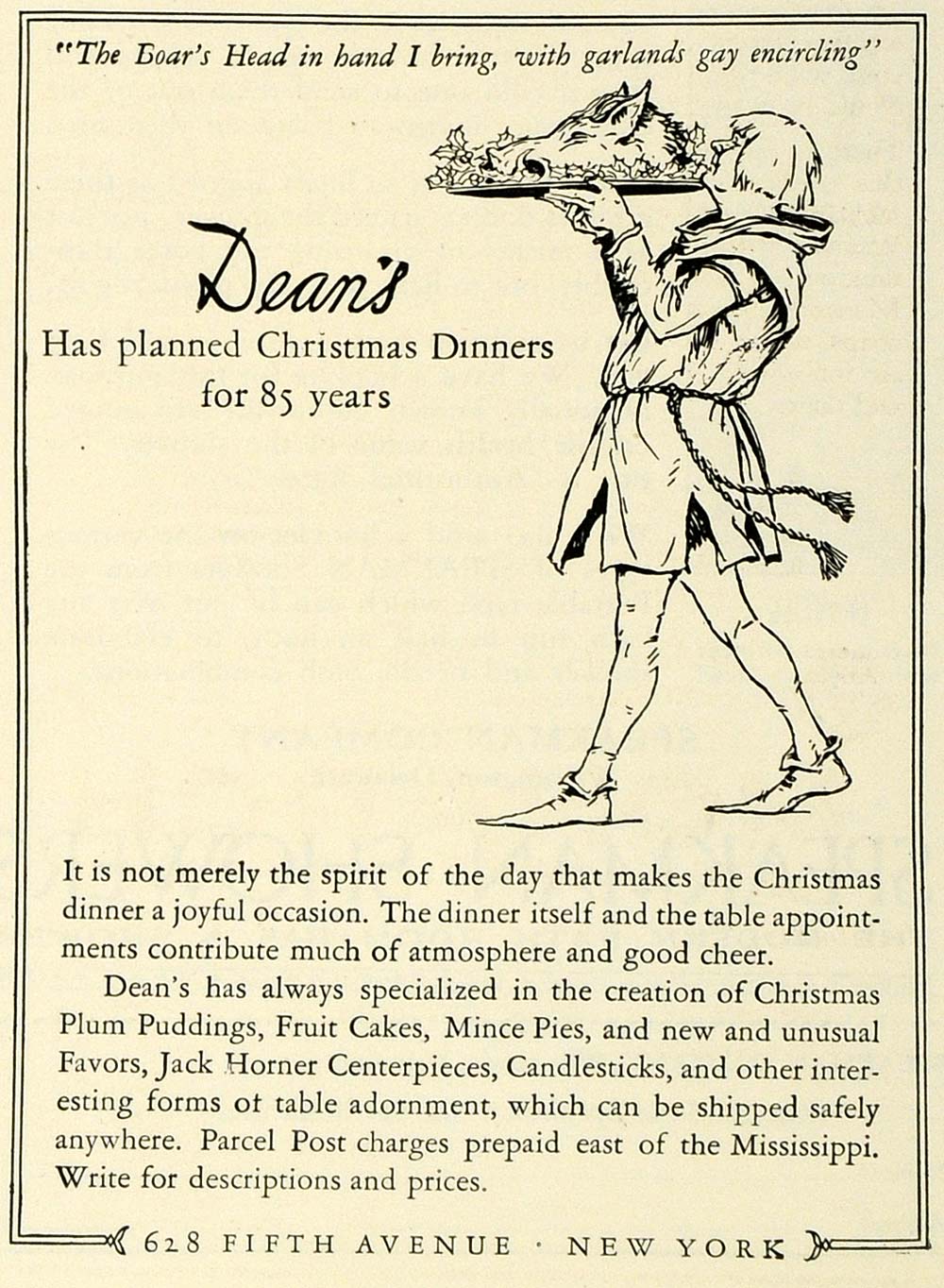 1924 Ad Dean's Holiday Foods Boar Head Serf Cakes Pies Christmas Plum HG1