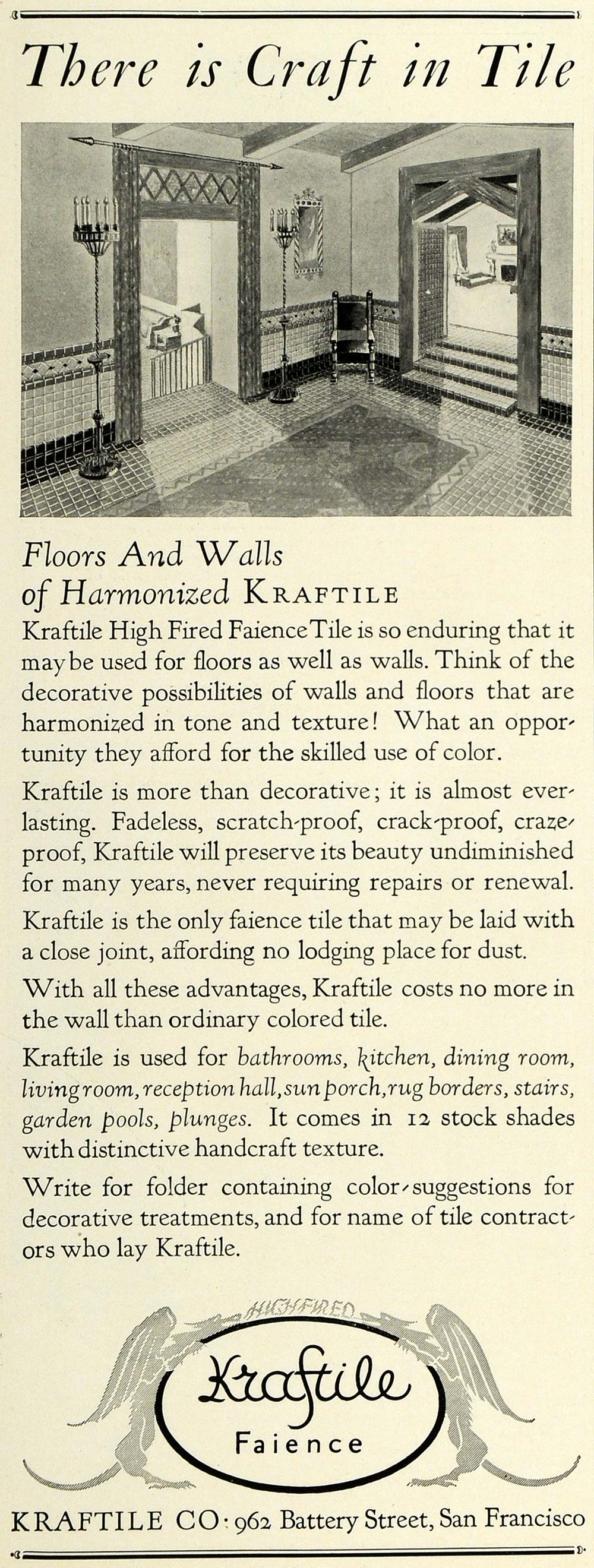 1927 Ad Kraftile Home Floor Wall Faience Tile Decor Home Improvement HG1