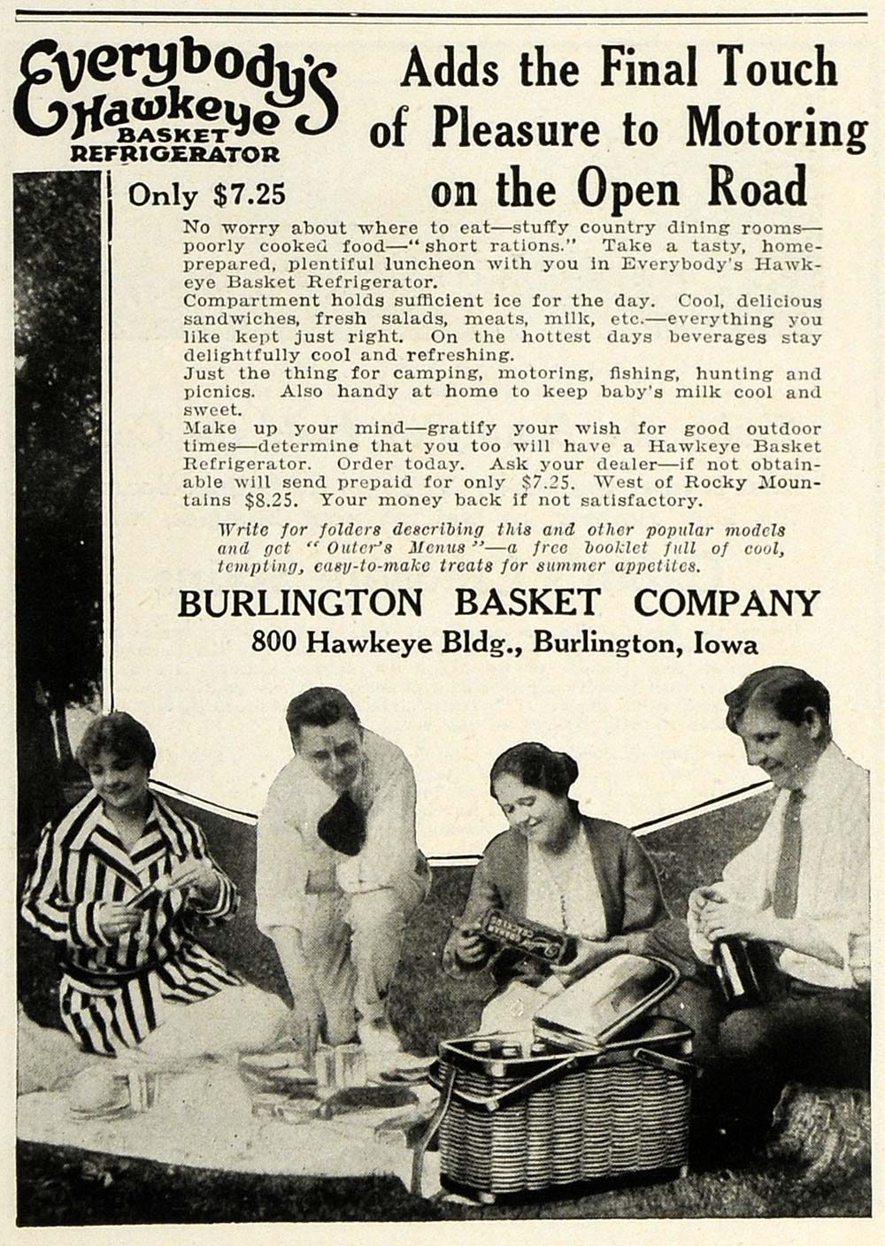 1923 Ad Burlington Hawkeye Refrigerated Picnic Basket Food Outdoors Ca –  Period Paper Historic Art LLC