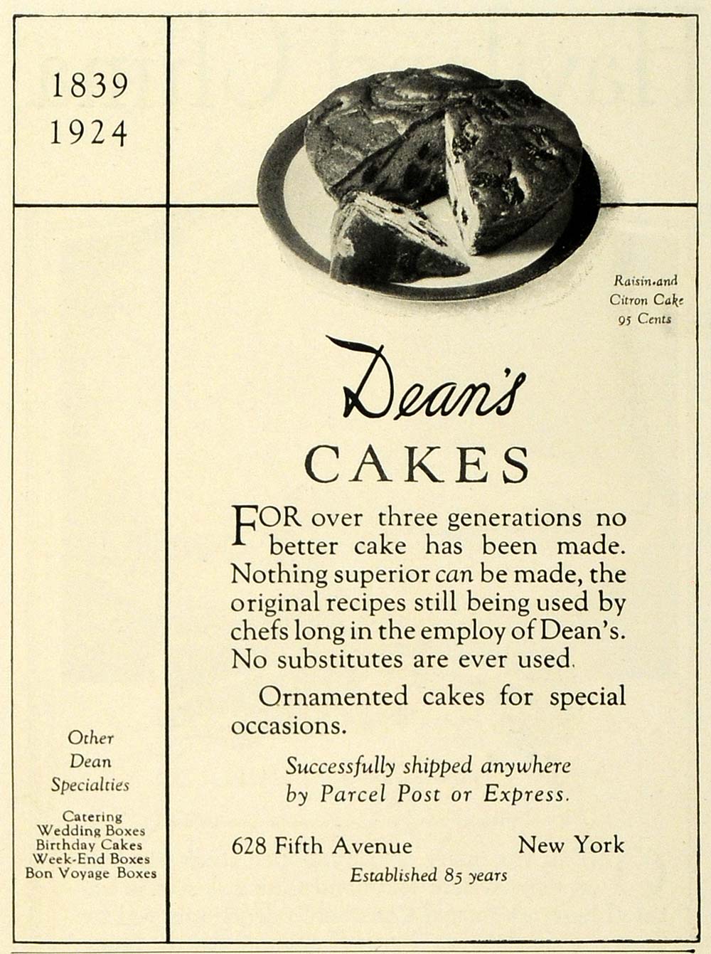 1924 Ad Dean's Ornamented Special Cakes Desserts Sweets Food Baking Recipe HG1