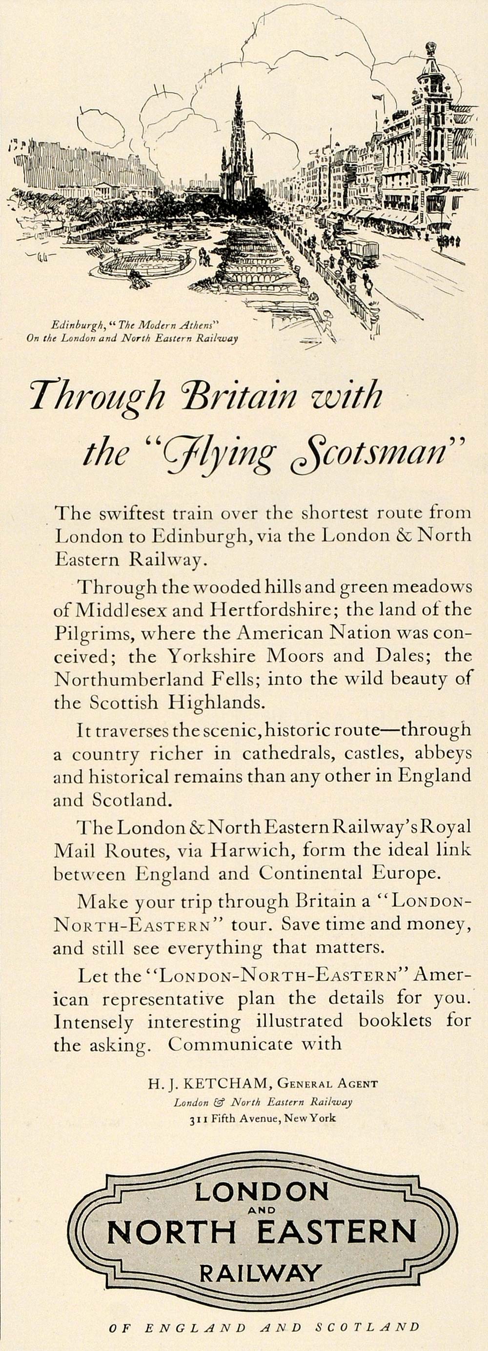1925 Ad London North East Rail England Flying Scotsman Edinburgh London HG1