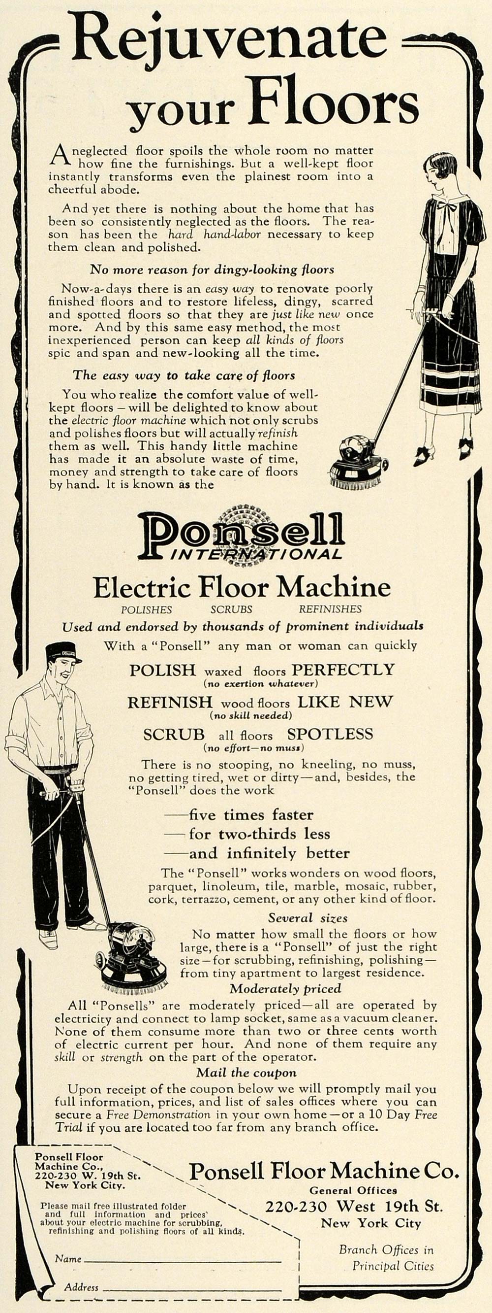 1925 Ad Ponsell Electric Floor Polisher Cleaner Machine Restoration Renovate HG1