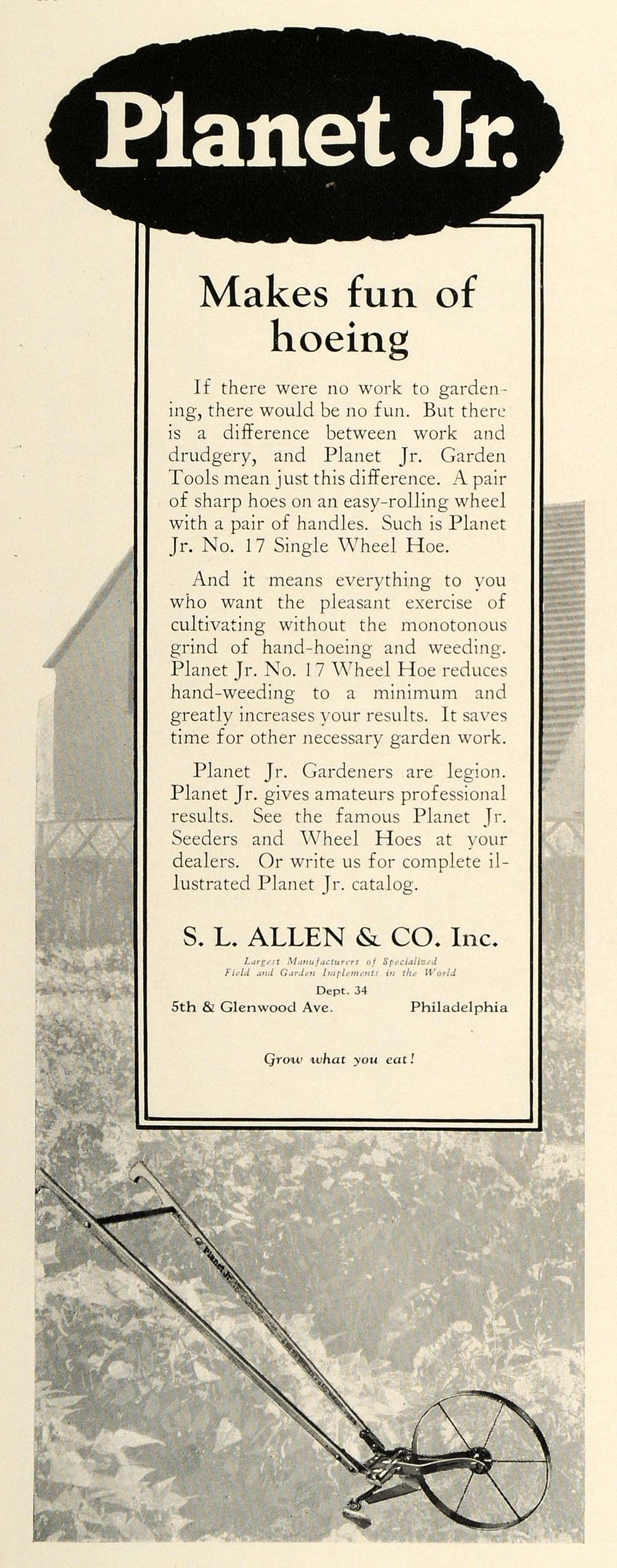1925 Ad S. L. Allen Planet Jr. Gardening Wheel Hoe Tool Farming Cultivating HG1