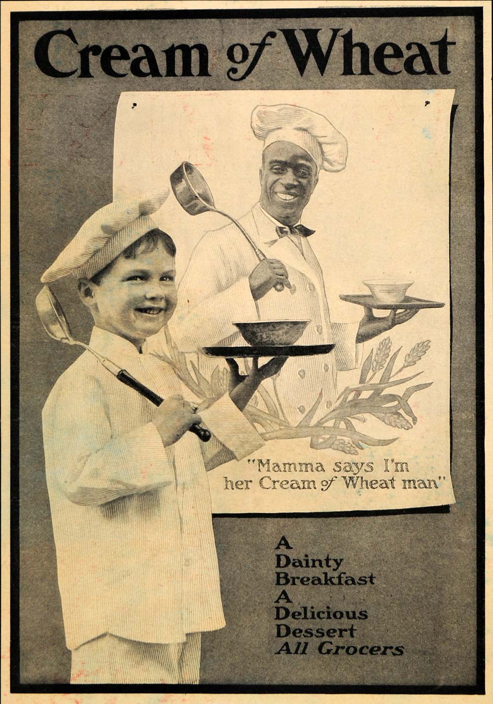1909 Ad Cream of Wheat Mama Ladle Boy Chef Rastus Breakfast Child Bowl HM1