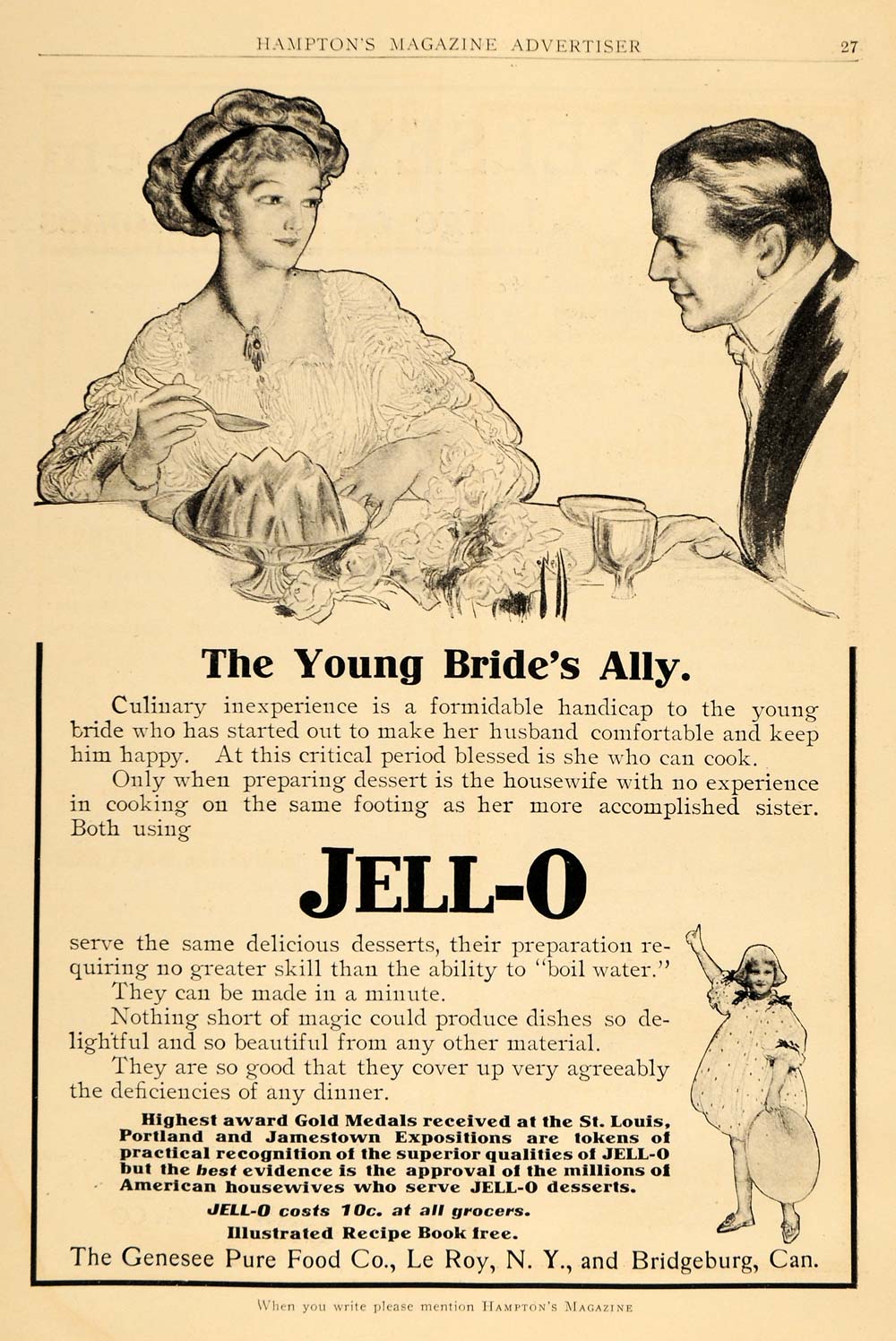 1909 Ad JELL-O Genesse Pure Food Desert Bride Ally Pricing Sweets Le Roy NY HM1