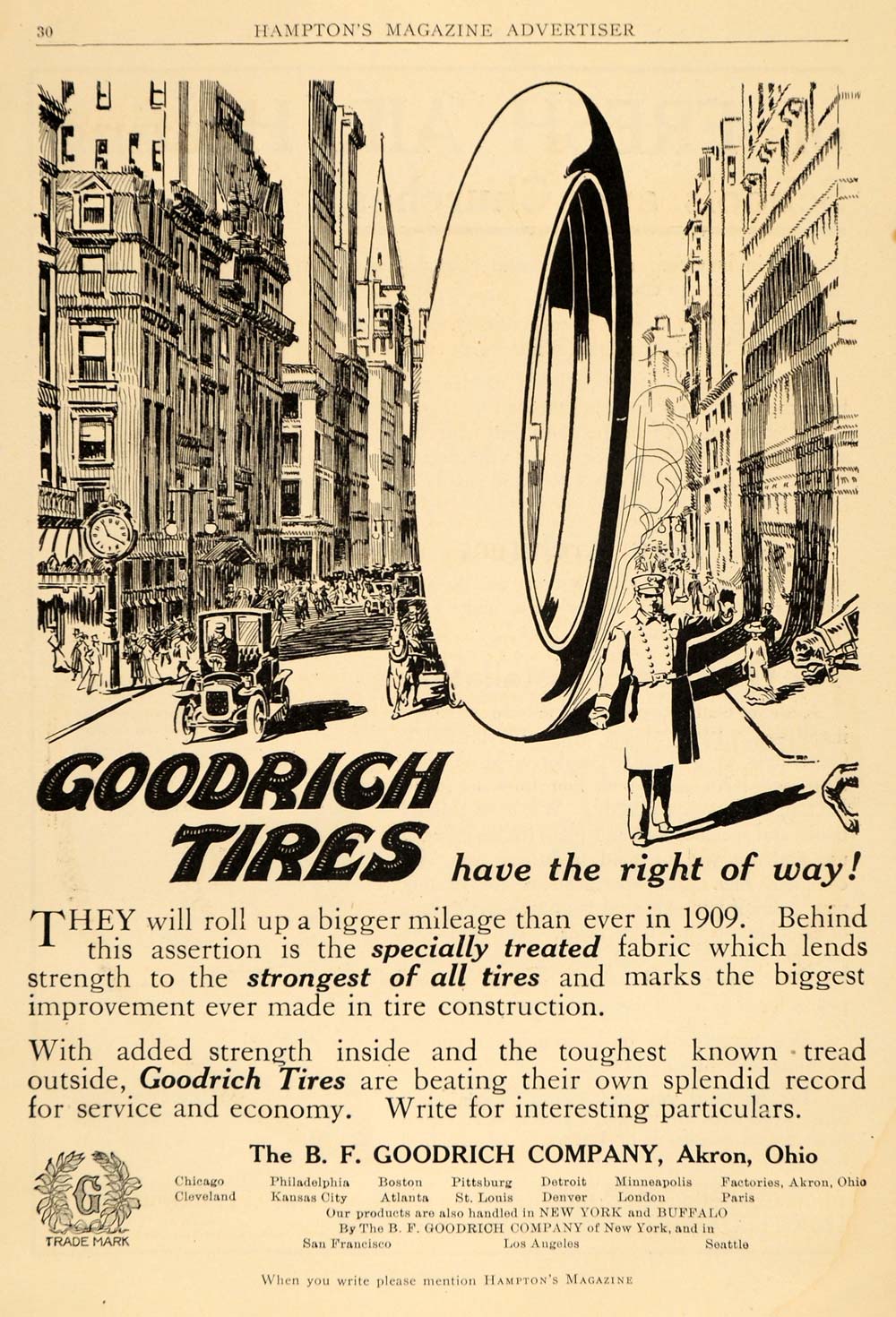 1909 Ad B.F. Goodrich Tires Rolling In City Akron Ohio Car Parts Rubber HM1