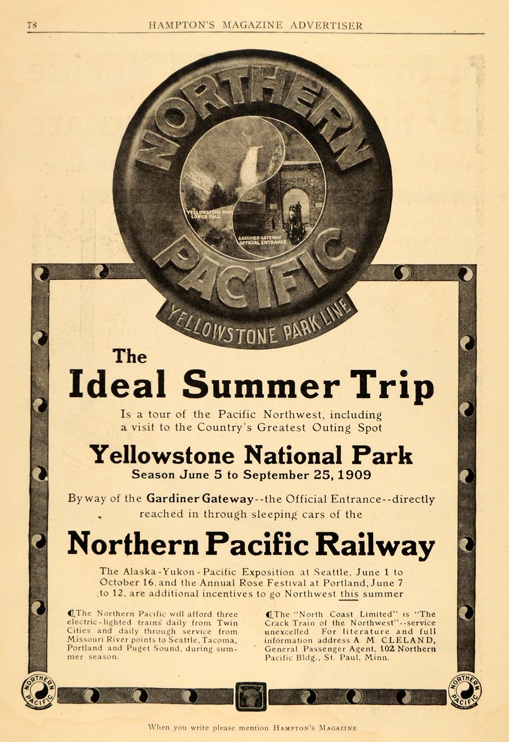 1909 Ad Northern Pacific Railway Yellowstone Park Travel Trip Sleeping Cars HM1