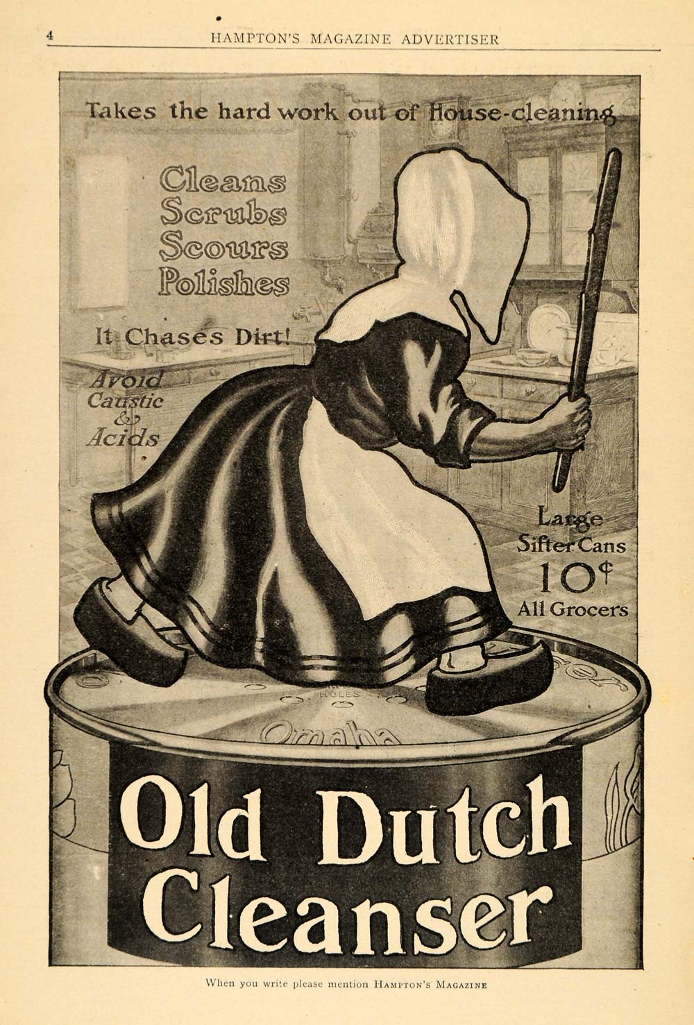1910 Ad Old Dutch Cleanser Tin Can Girl Chases Dirt House Cleaning Kitchen HM1