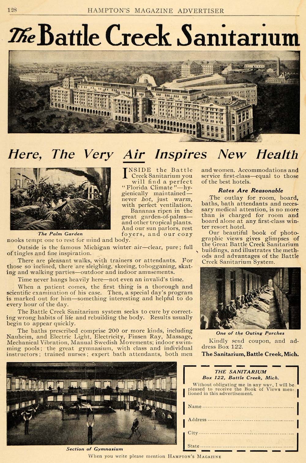 1910 Ad Battle Creek Sanitarium Building Gym Michigan Health Hospital HM1