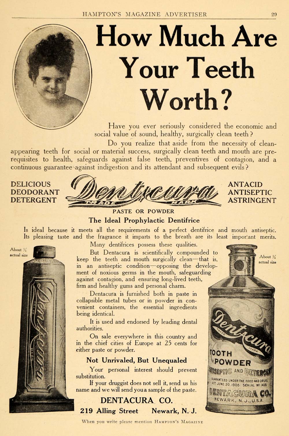 1909 Ad Dentacure Tooth Powder Paste Newark New Jersey Clean Teeth HM1 ...