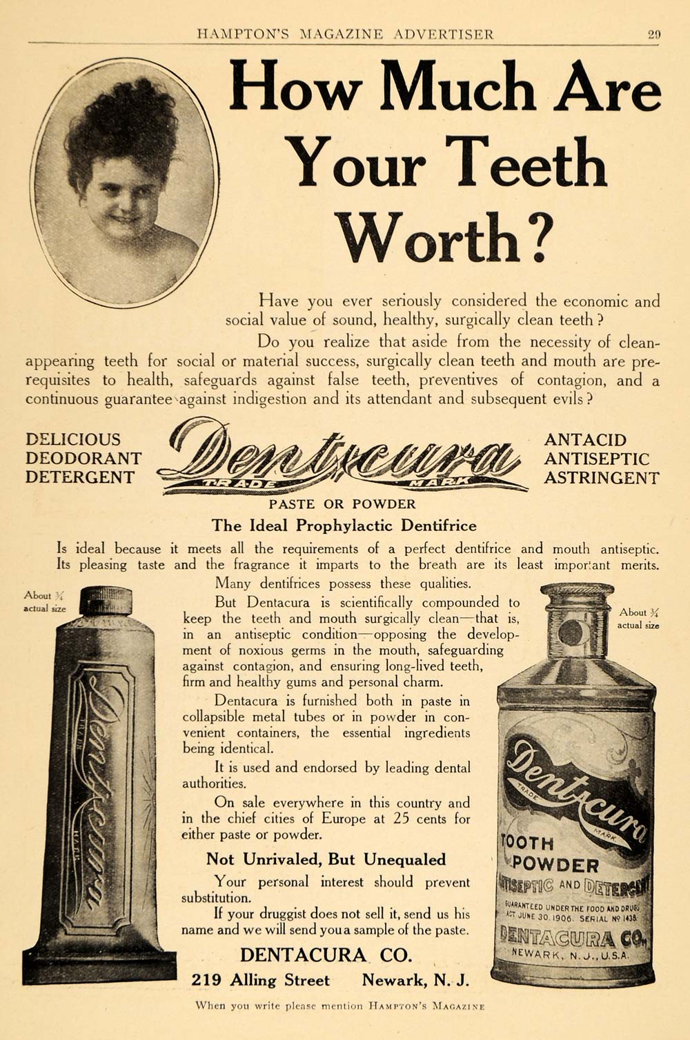 1909 Ad Dentacure Tooth Powder Paste Newark New Jersey Clean Teeth HM1
