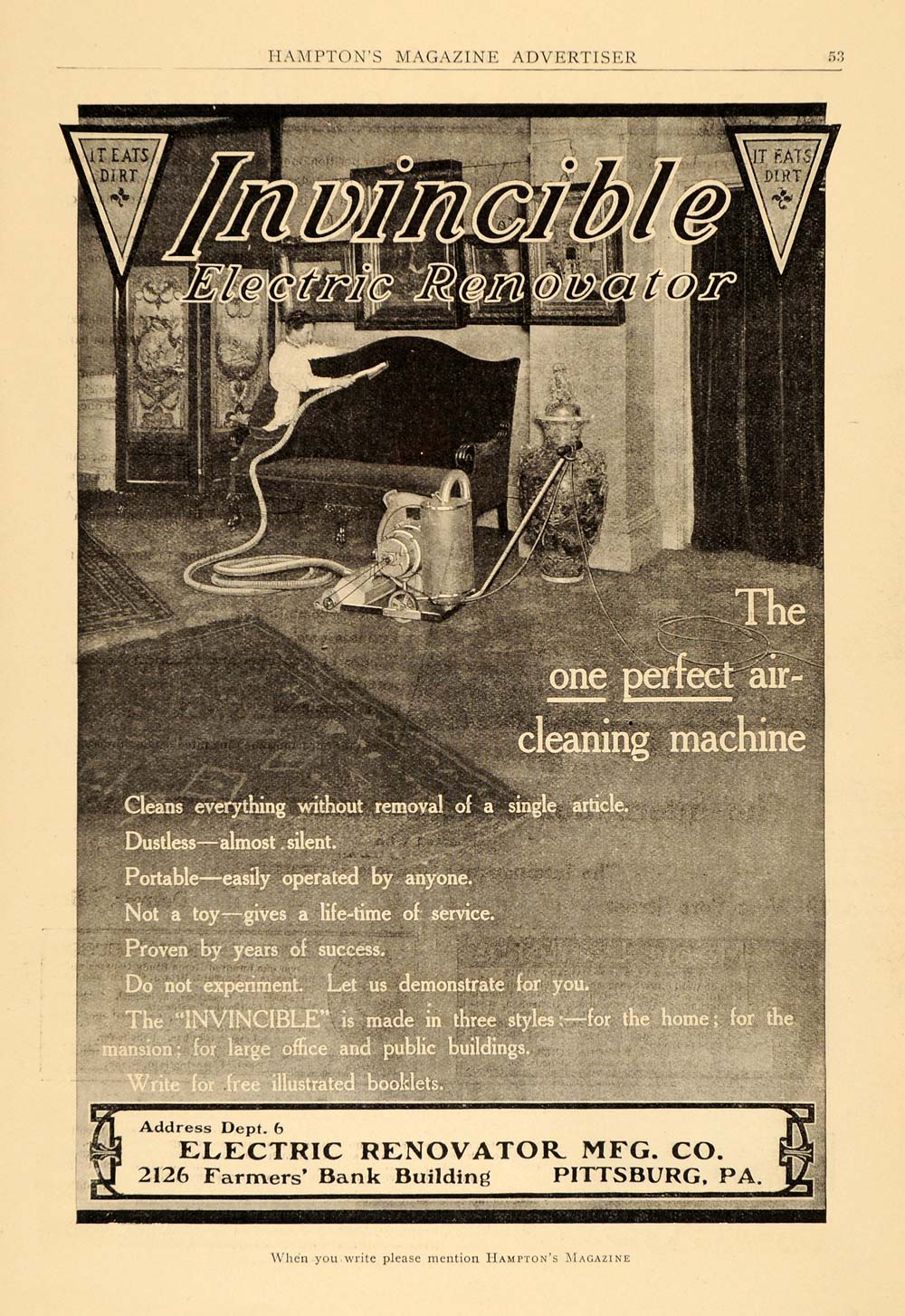 1909 Ad Electric Renovator Air-Cleaning Machine Vacuum 2126 Farmers Bank HM1