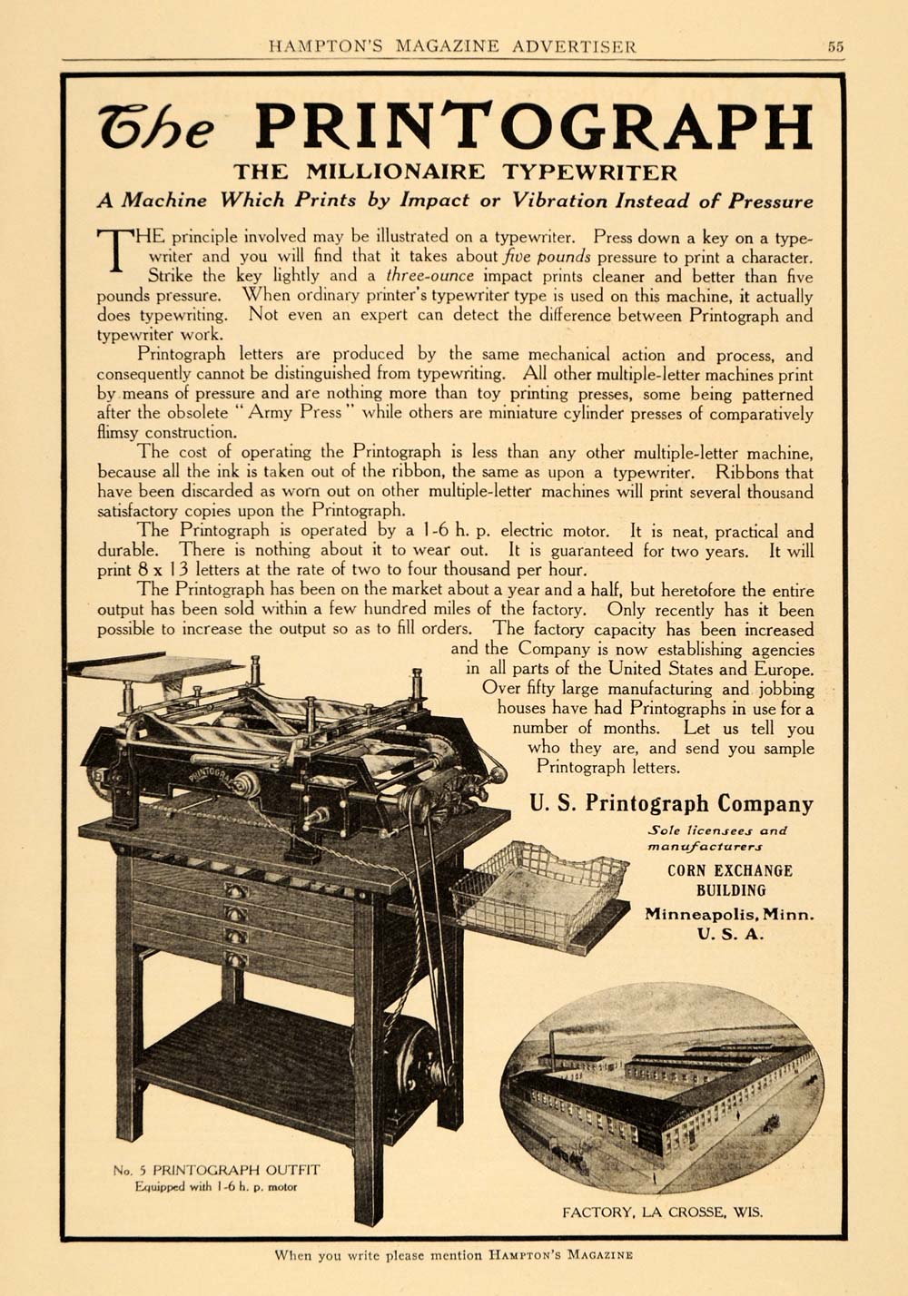 1909 Ad Printograph Millionaire Typewriter Machine Printing Corn Exchange HM1