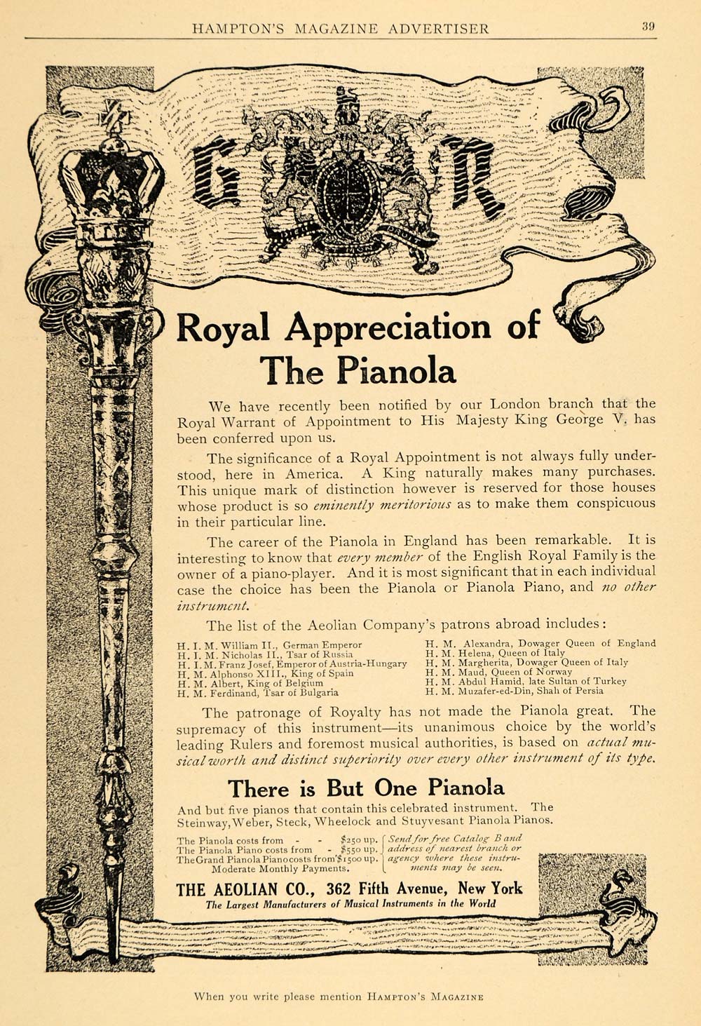 1911 Ad Aeolian Pianola Famous Patrons King George V Instrument Music Keys HM1
