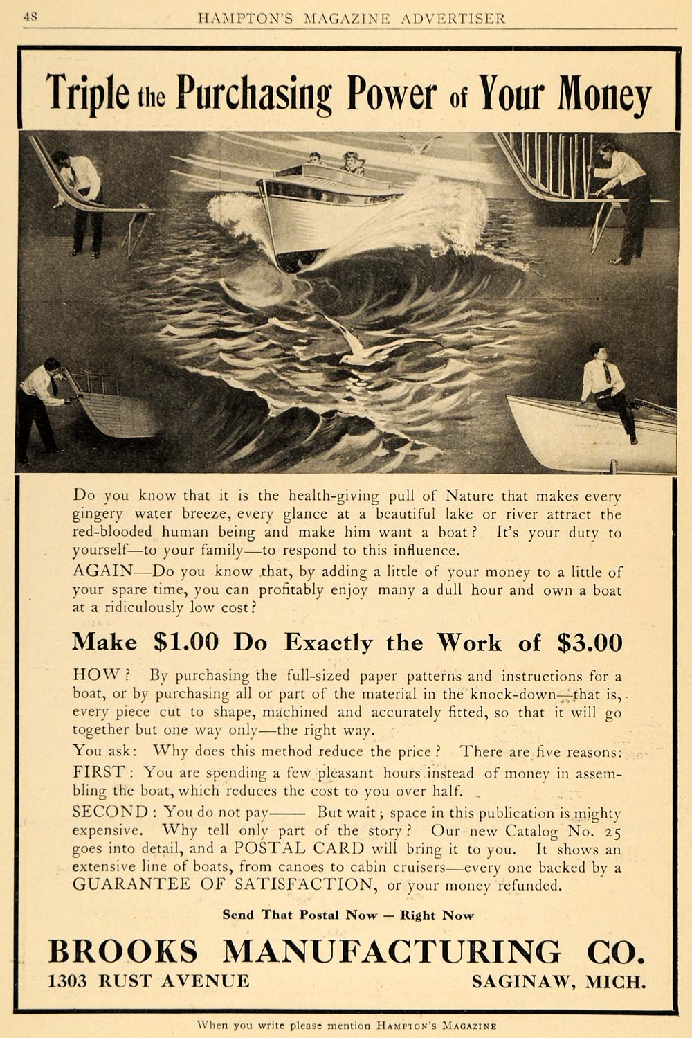 1911 Ad DIY Boat Patterns Instructions Brooks Mfg. Build Assemble Canoes HM1