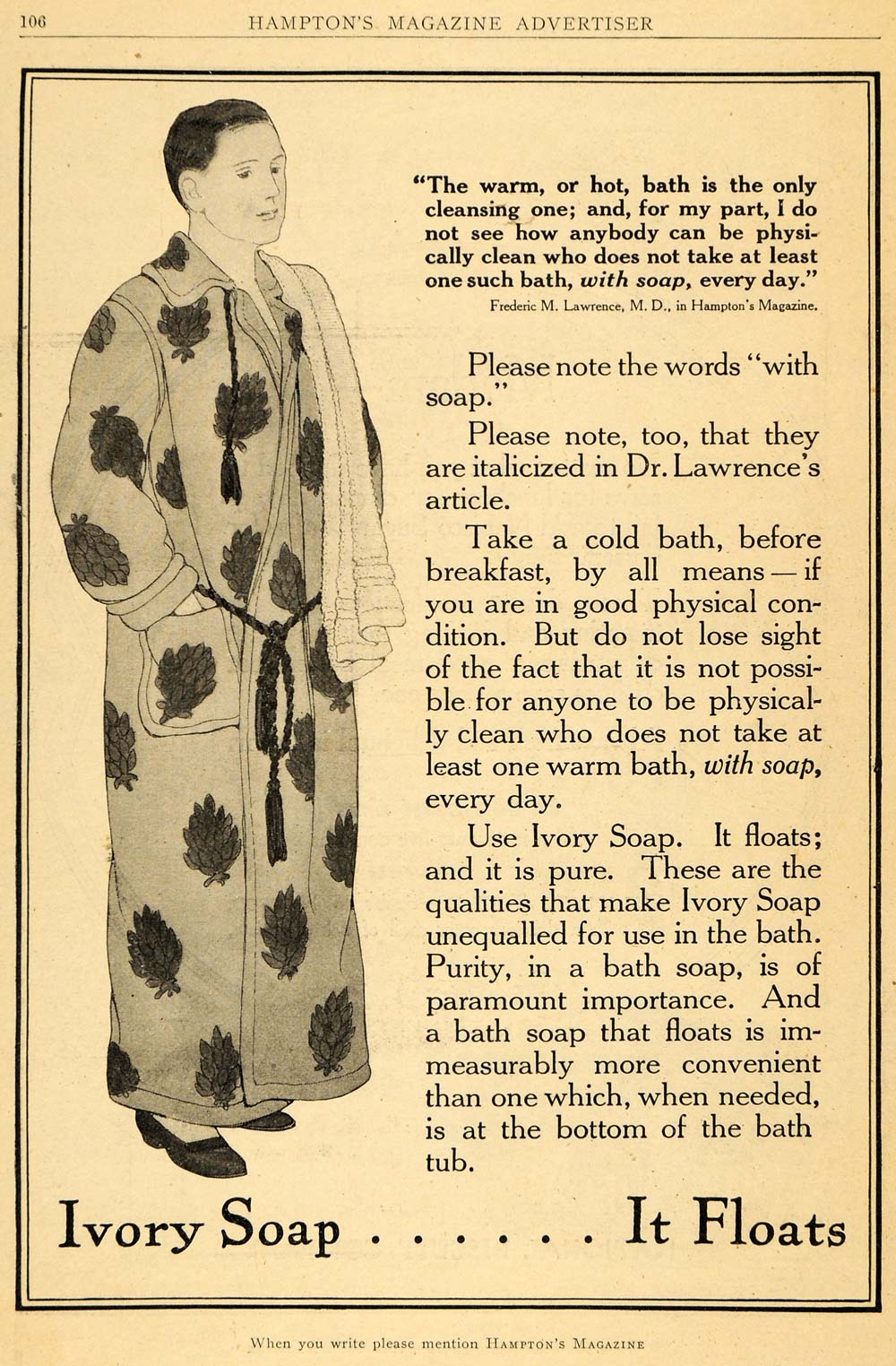 1911 Ad Ivory Soap Floats Dr. Frederic M. Lawrence Robe Clean Bath Personal HM1