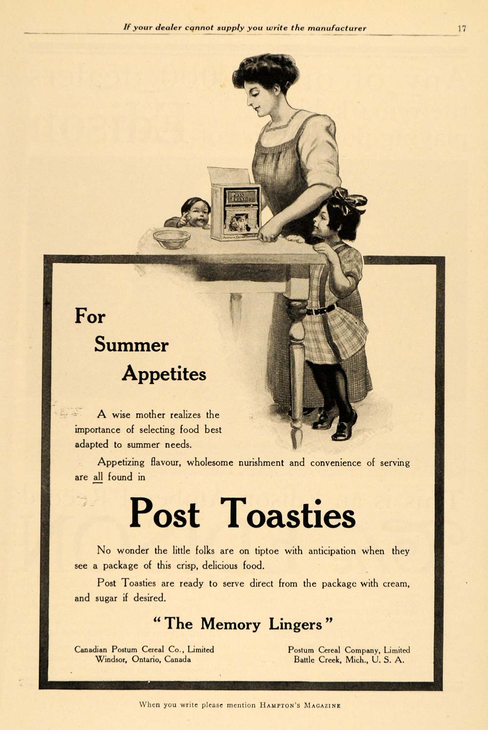 1911 Ad Post Toasties Cereal Mother Kids Memory Lingers Breakfast Kids HM1