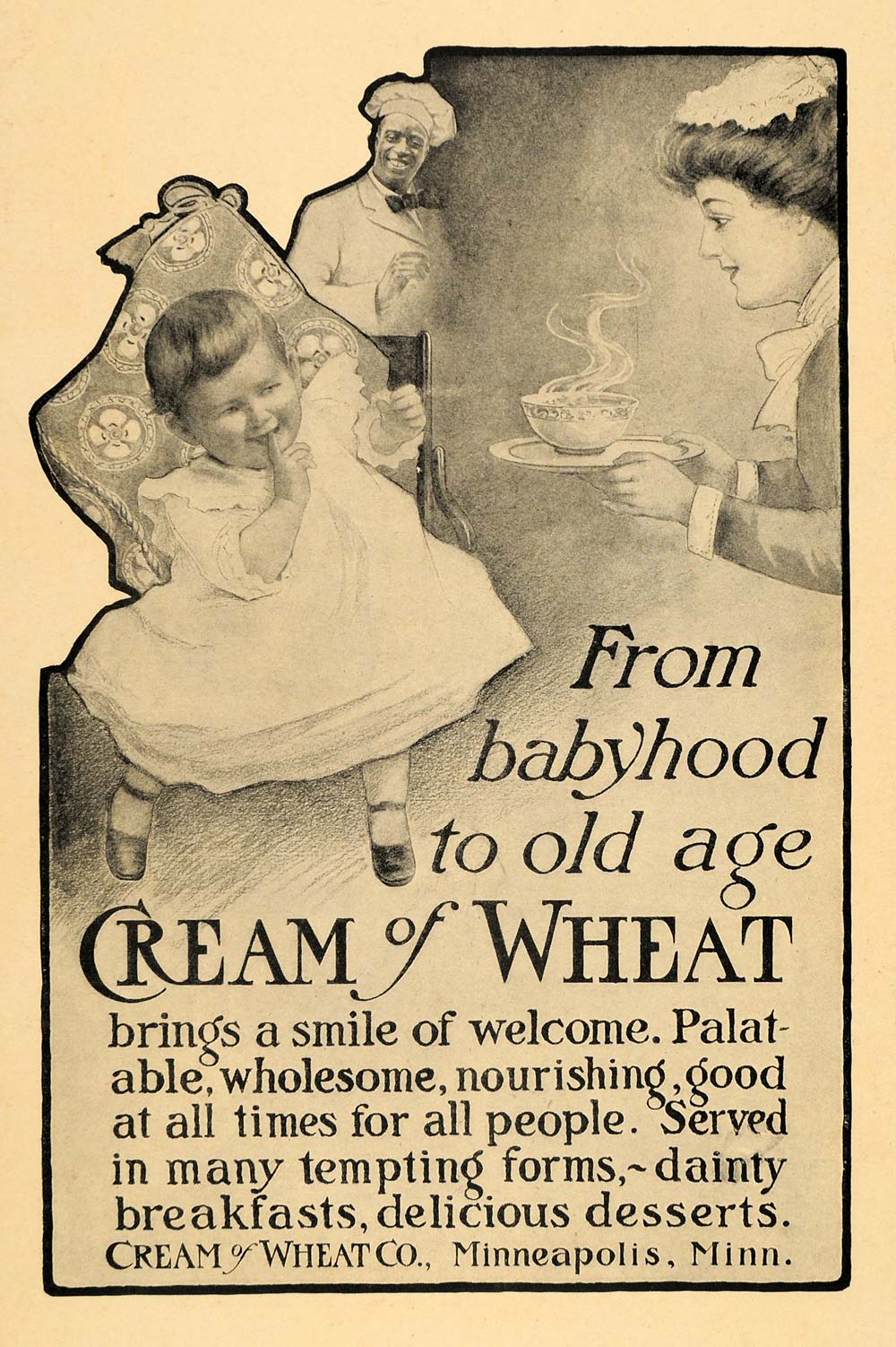 1909 Ad Cream of Wheat Rastus Mother Baby Breakfast Cereal Bowl Hot Desserts HM1