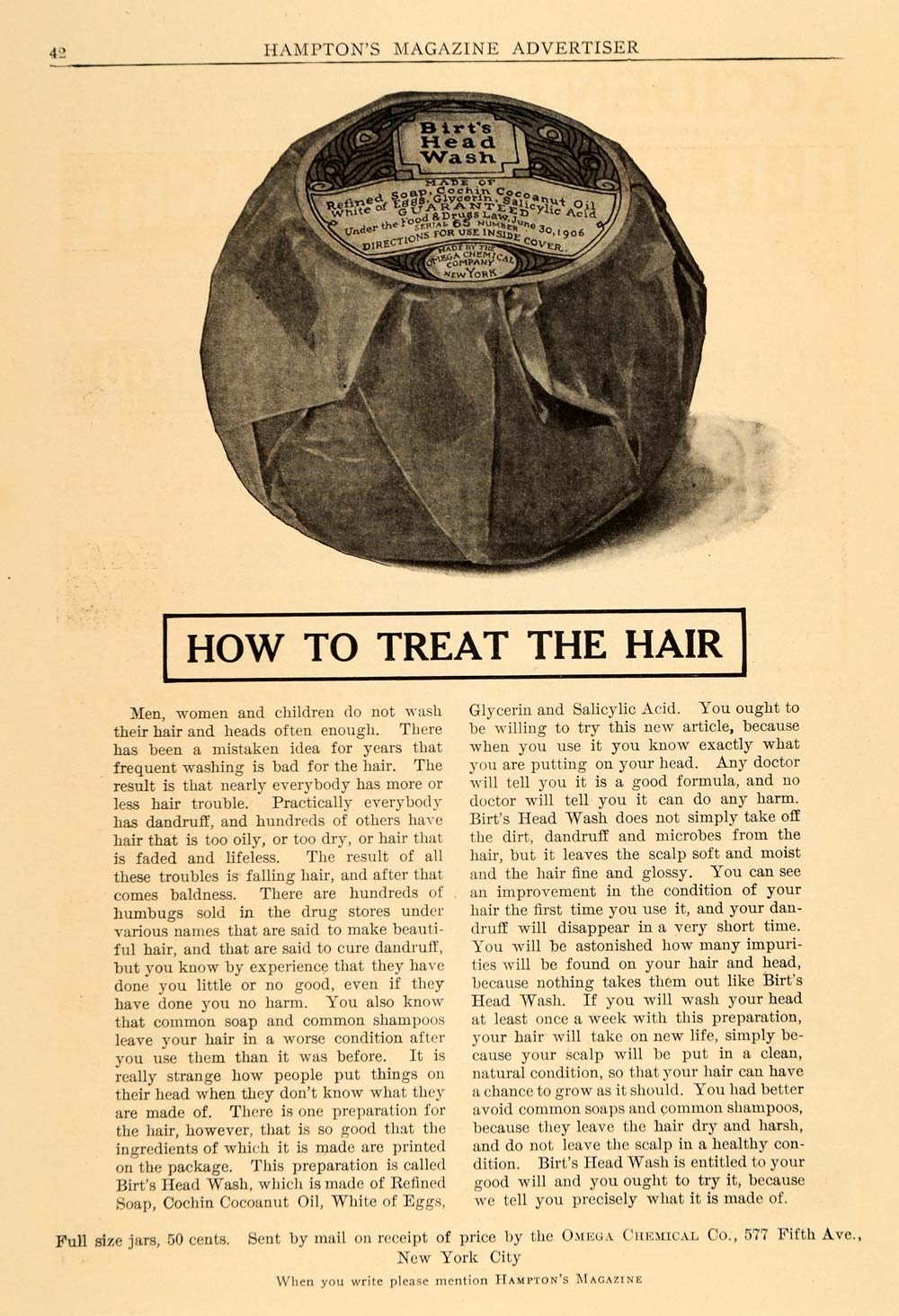 1909 Ad Birt's Head Wash Unique Package Omega Chemical Wash Clean Hygeine HM1