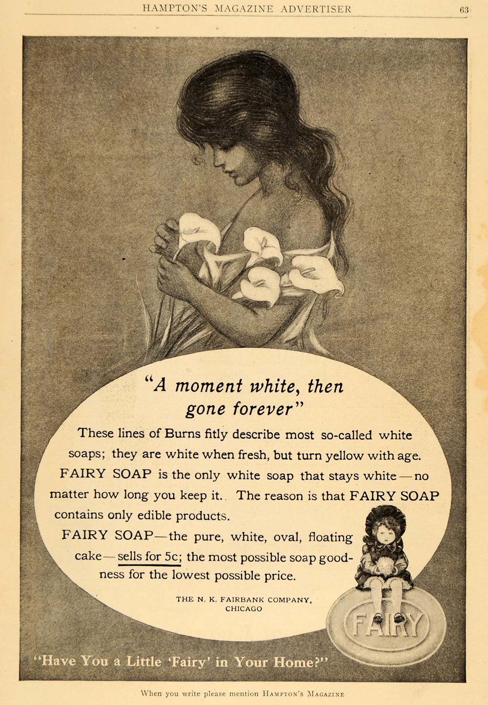 1909 Ad White Fairy Soap Girl Lily Bouquet N.K Fairbank Clean Hygiene Oval HM1