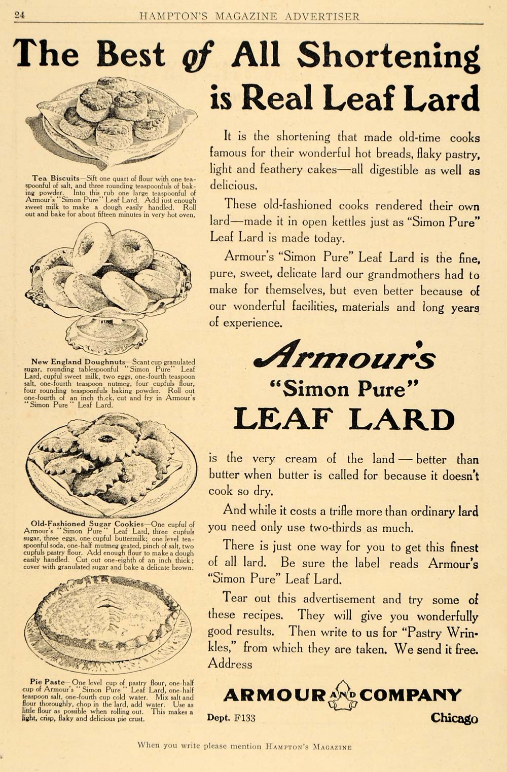 1911 Ad Armour Simon Pure Leaf Lard Baking Pastry Sweet Cook Sweets Desserts HM1