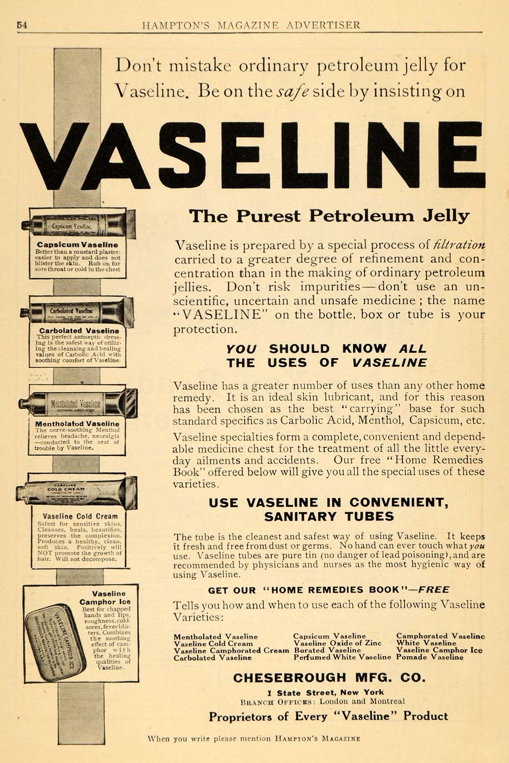 1911 Ad Chesebrough Vaseline Petroleum Jelly Remedies Lubricant Personal HM1 1911 Ad Chesebrough Vaseline Petroleum Jelly Remedies Lubricant Personal HM1