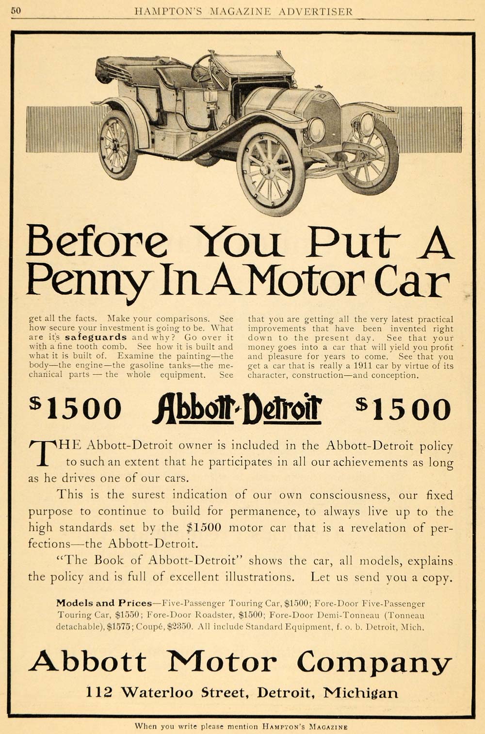 1911 Ad Abbott-Detroit Motor Cars Coupe Demi-Tonneau Vehicle Auto Drive HM1