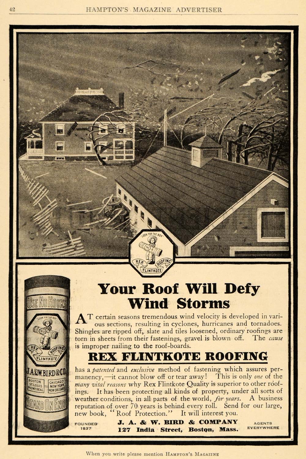 1910 Ad J. A. W. Bird Rex Flintkote Roofing Windstorm Repair House Cyclone HM1