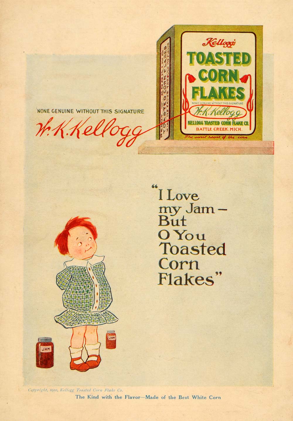 1910 Ad W. K. Kellogg Toasted Corn Flake Redhead Child Breakfast Cereal HM1