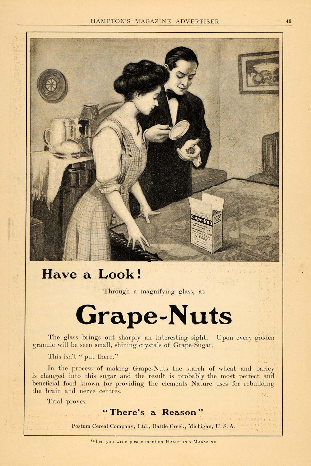 1910 Ad Postum Cereal Grape-Nut Magnifying Glass Couple CB Breakfast HM1