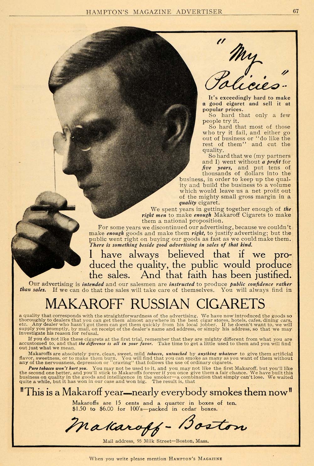 1910 Ad Makaroff Russian Cigarets Gentleman Smoker Nicotine Puff Smoking HM1